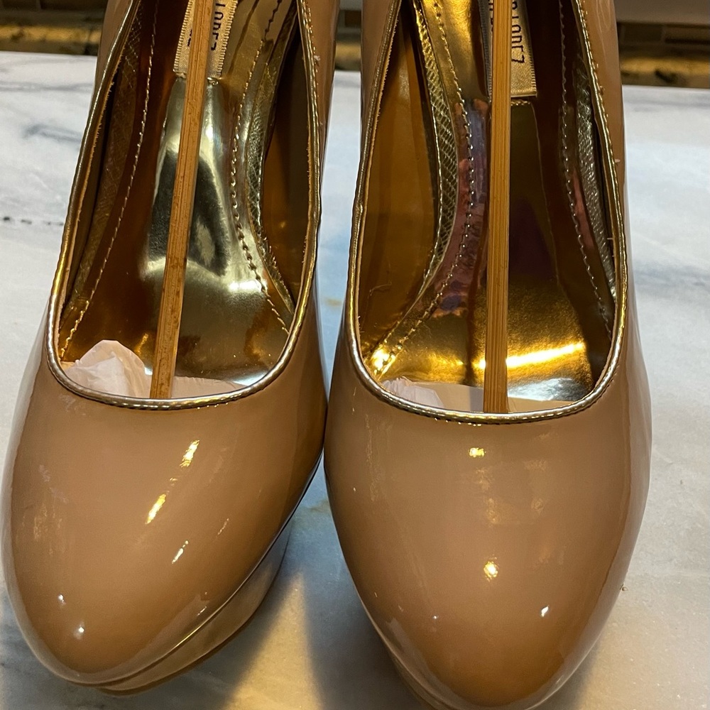 JLO Nude Patent Leather Front Platform Heels